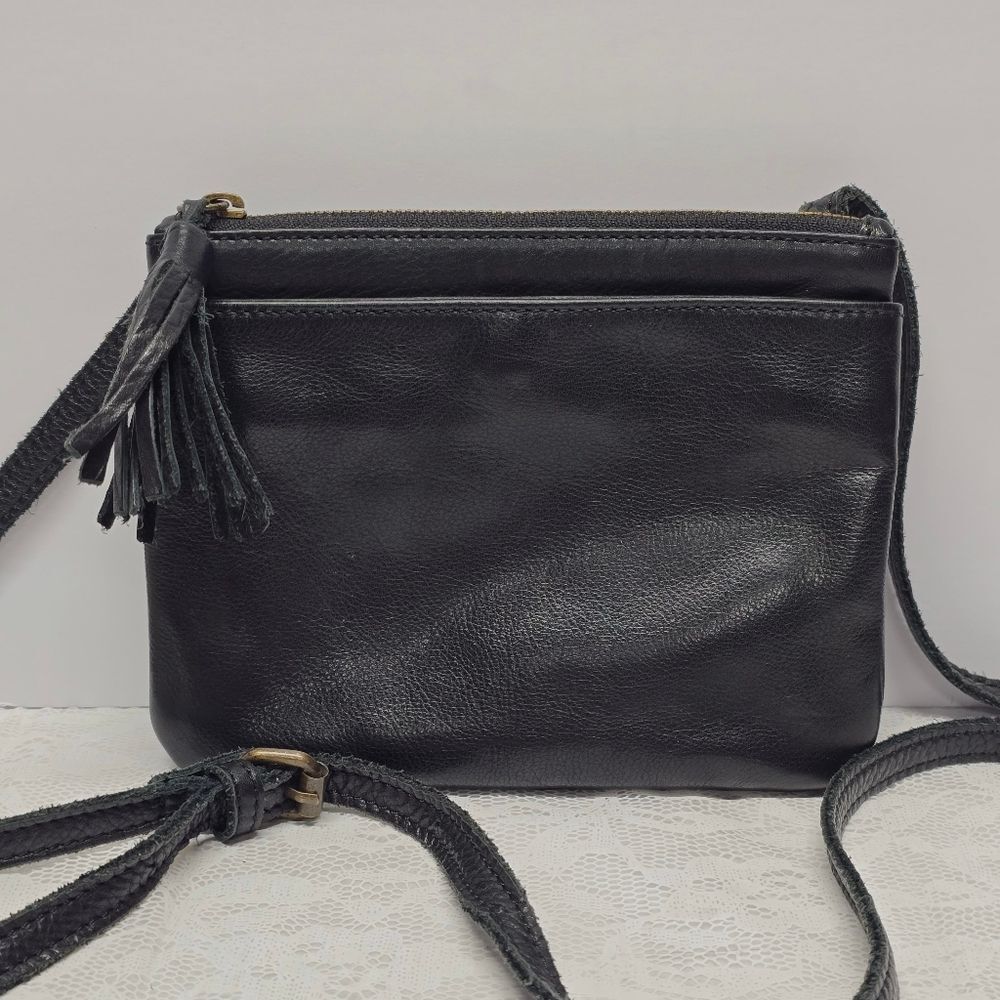 J Jill Black Genuine Leather Crossbody Bag Purse With Tassel Casual Boho